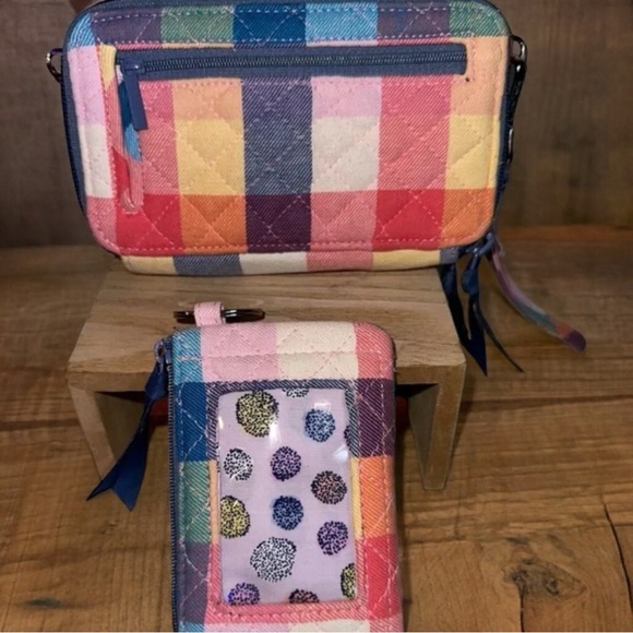 Vera Bradley All in One Crossbody Tropics Plaid Wallet and ID Badge Coin Purse - Picture 5 of 9
